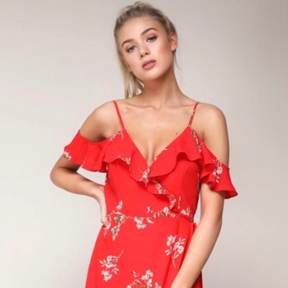 Off Shoulder Floral Wrap Butterfly Red Midi Dress - Picture 4 of 9